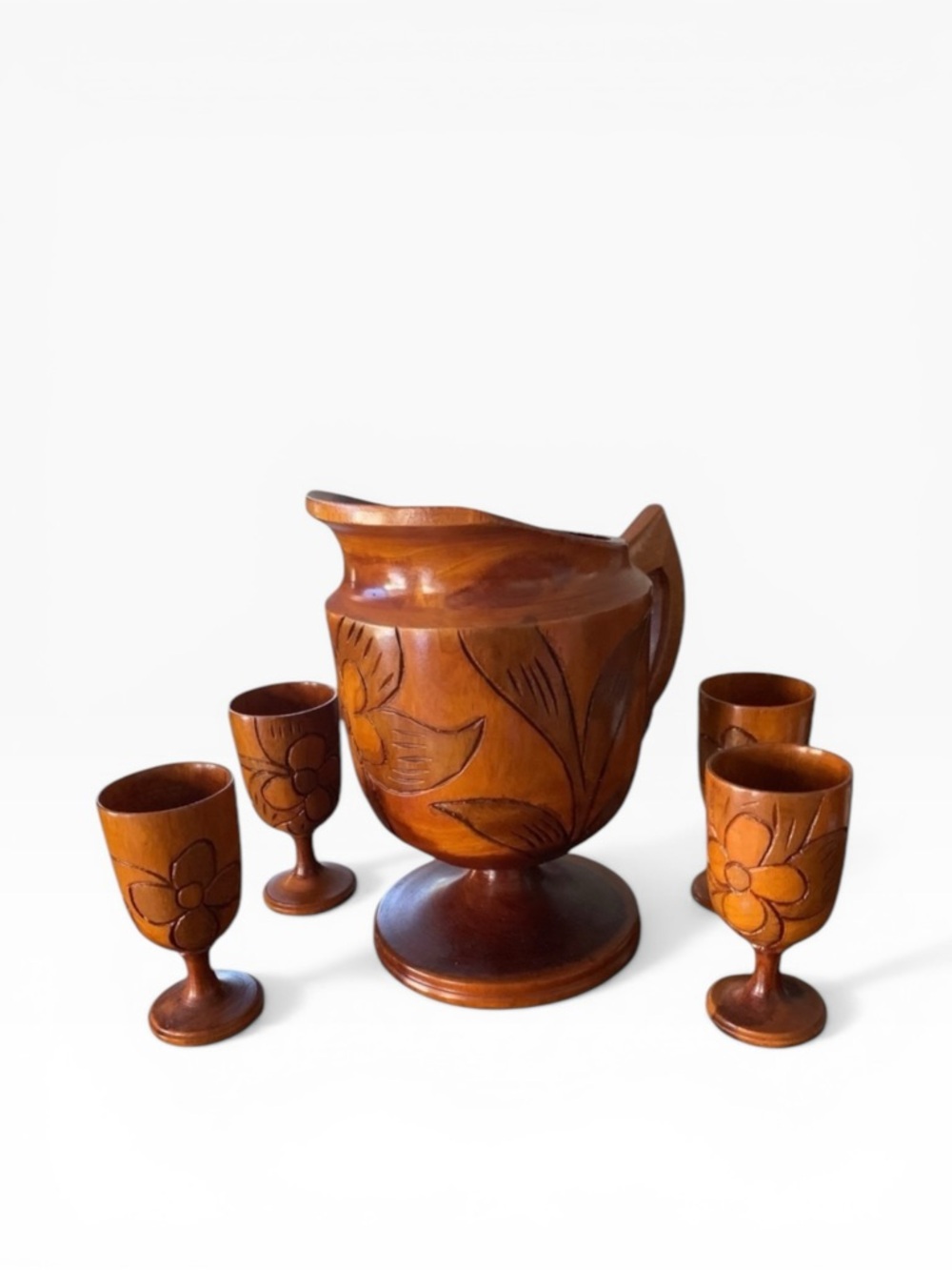 Handcrafted Vintage Wooden Pitcher and Goblet Set - Floral 5 Pc